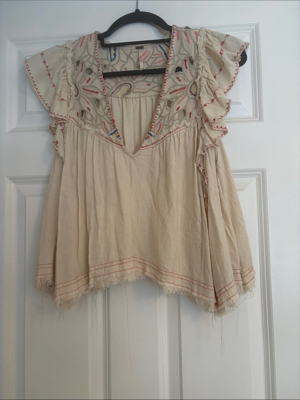Free People Cream Embroidered Flutter Sleeve Tunic